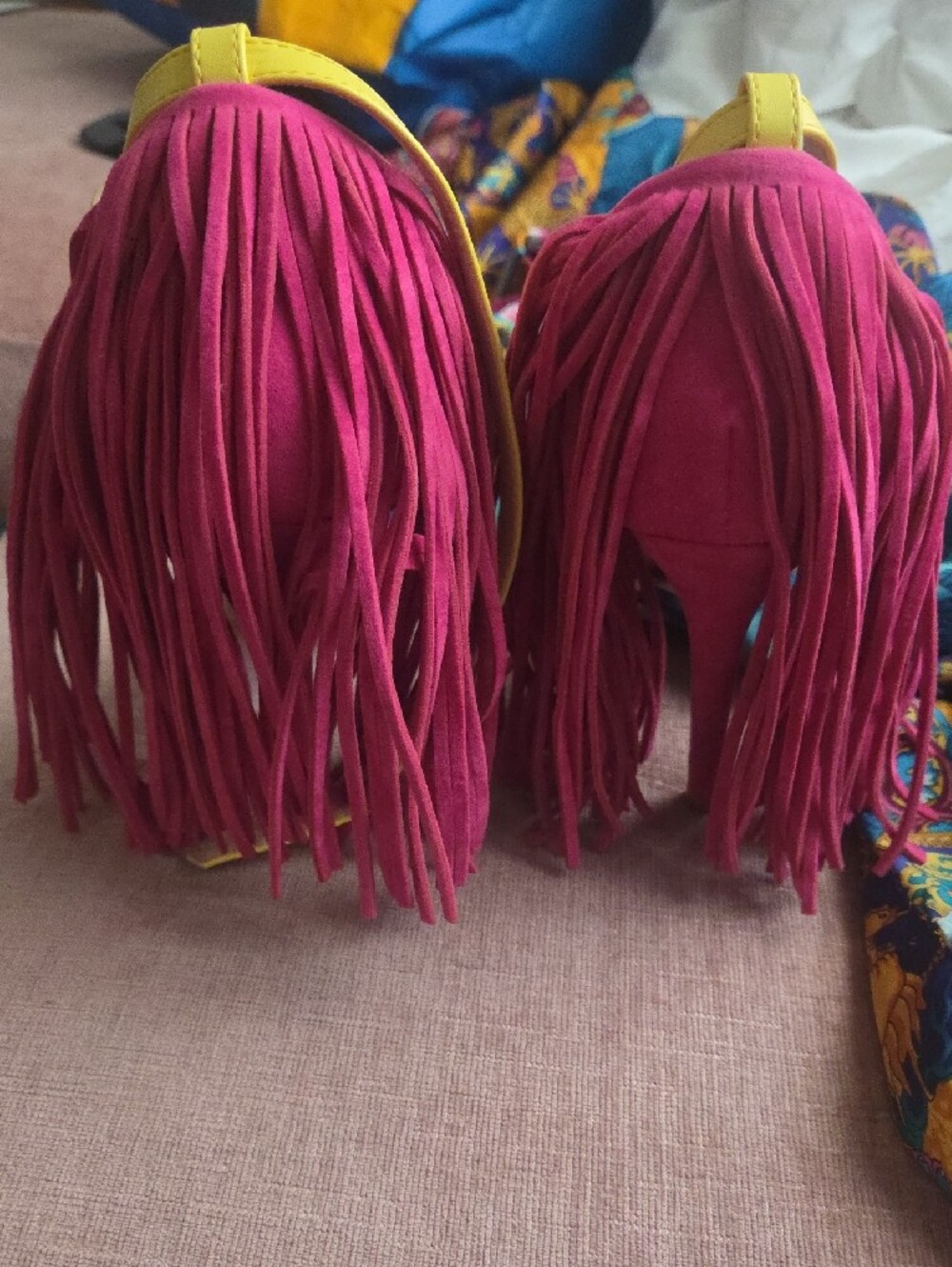 Women’s Multicolor Suede Fringe Peep-Toe Heels - Picture 3 of 4